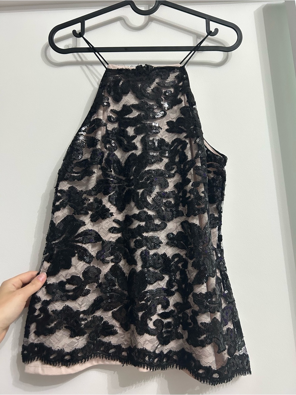 Le Château Black Sequin Lace Halter Camisole with Blush Lining